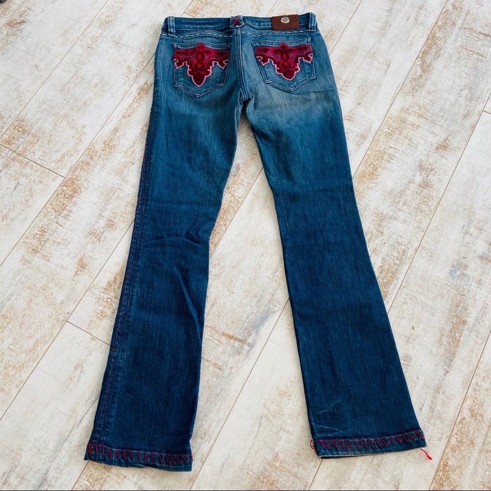 Antik Denim red embroidered velvet pocket